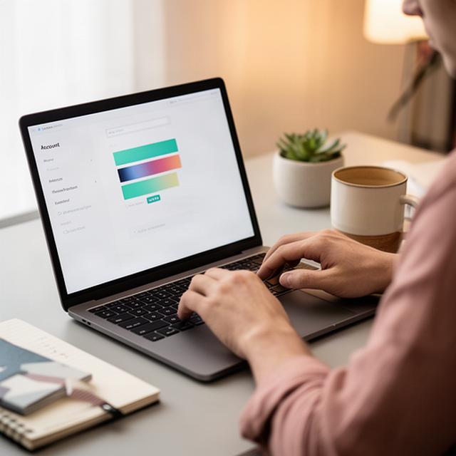 Close view of a player reviewing account settings on a laptop in a softly lit home workspace