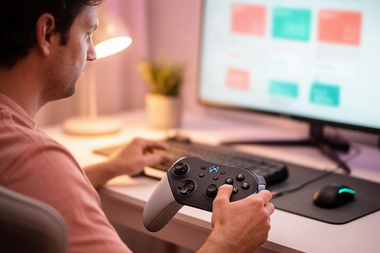 Player reviewing an online game catalog at a softly lit desk, with a controller and account screen nearby