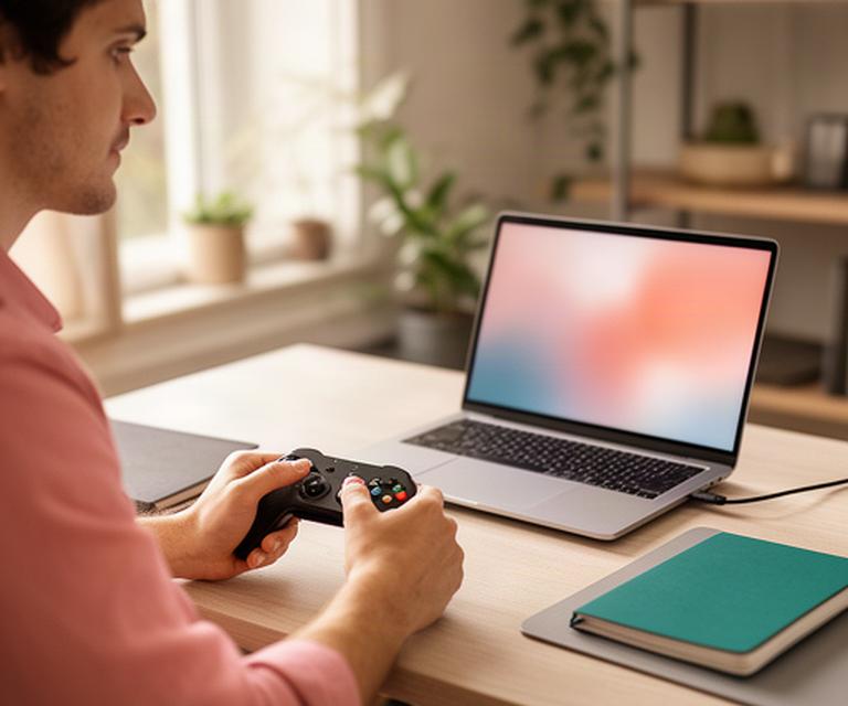 Player using an online game account at a home desk, with a controller and laptop beside a notebook