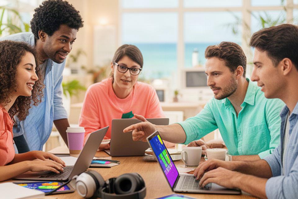 Game designers and engineers reviewing a browser game at a shared studio table in Vero Beach South