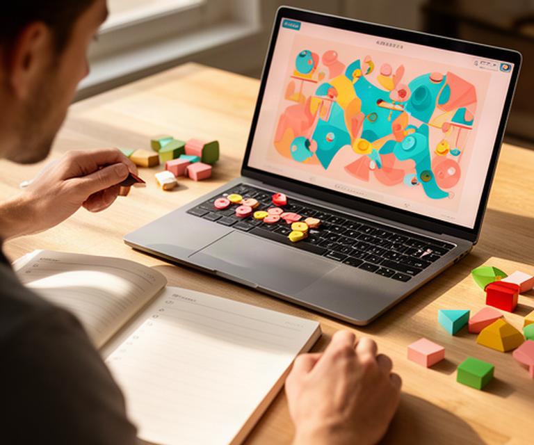 Player studying a colorful strategy game on a laptop at a sunny table with a notebook nearby