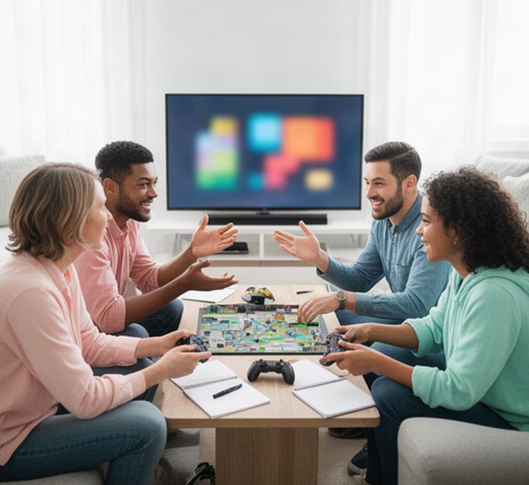 Small gaming club meeting in a bright living room, with players planning a cooperative session around a shared screen